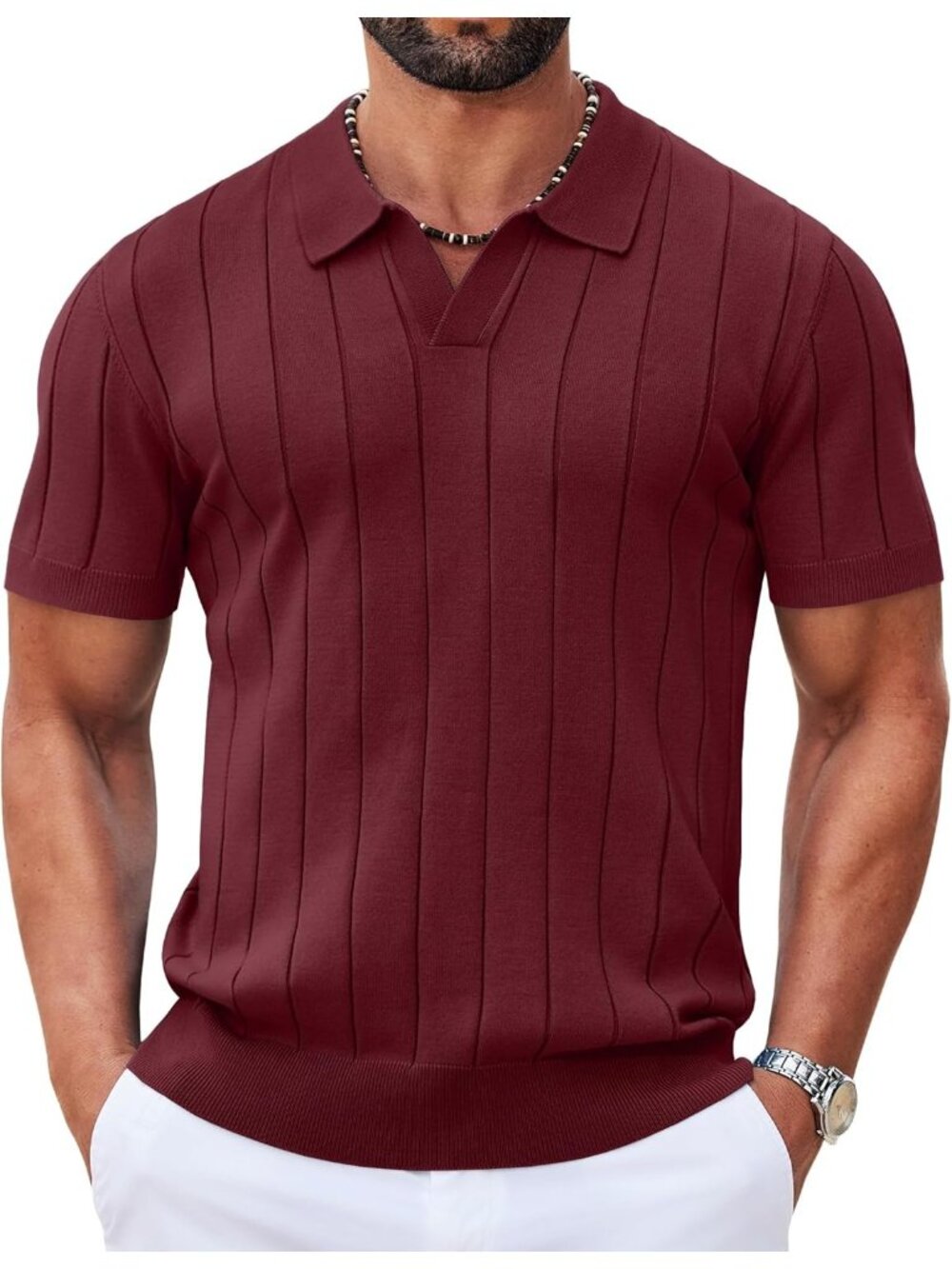 Men's Dark Red Polo Shirts Short Sleeve V Neck Knit Shirts Golf Money Clothes